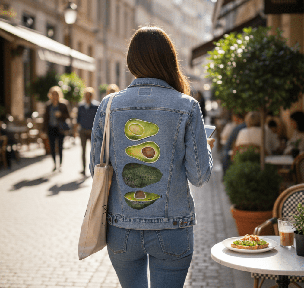 AVOCADO SLICES by CatCoq, digitally printed on DENIM products: throw pillows, aprons, table place mats, and hand-made Unisex Denim Jackets in 3 color choices AVOCADO SLICES by CatCoq, digitally printed on DENIM products: throw pillows, aprons, table place mats, and hand-made Unisex Denim Jackets in 3 color choices