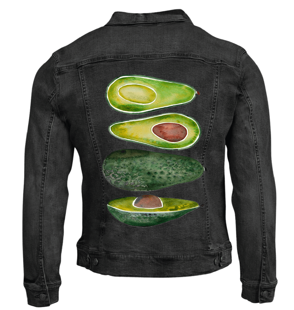 AVOCADO SLICES by CatCoq custom denim jacket by DenimINK. denim-jacket-black-mockup