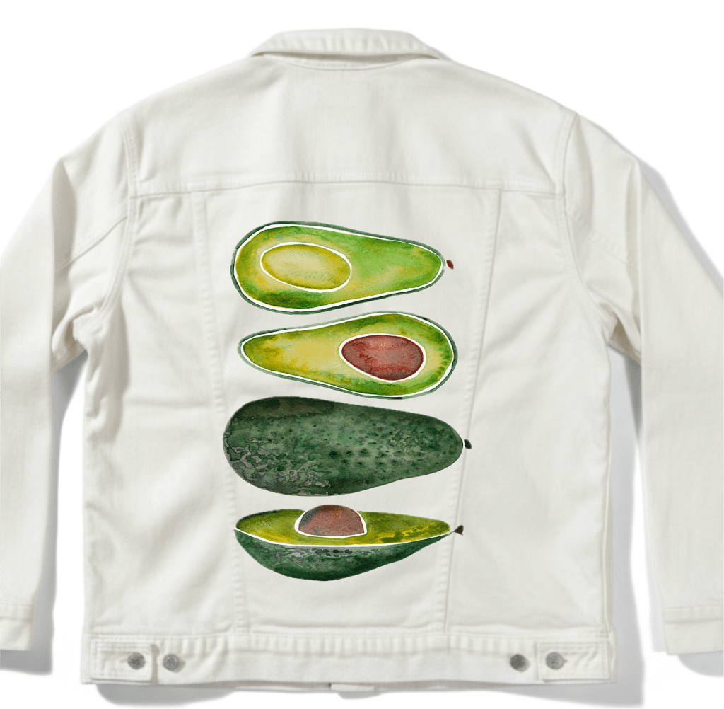 AVOCADO SLICES by CatCoq custom denim jacket by DenimINK denim_jacket_white-mockup
