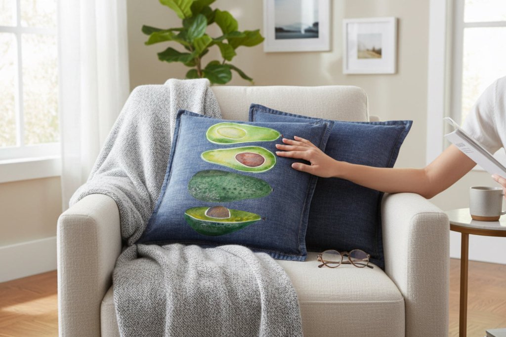 Person arranging decorative pillows with avocado design on a couch in a living room.  AVOCADO_SLICES_by_Catcoq-throw-pillow-lifestyle-shot