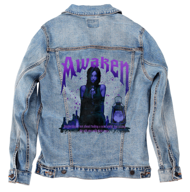 AWAKEN by DeROUCHE DESIGNS, digitally printed on DENIM products: throw pillows, aprons, table place mats, and hand-made Unisex Denim Jackets in 3 color choices