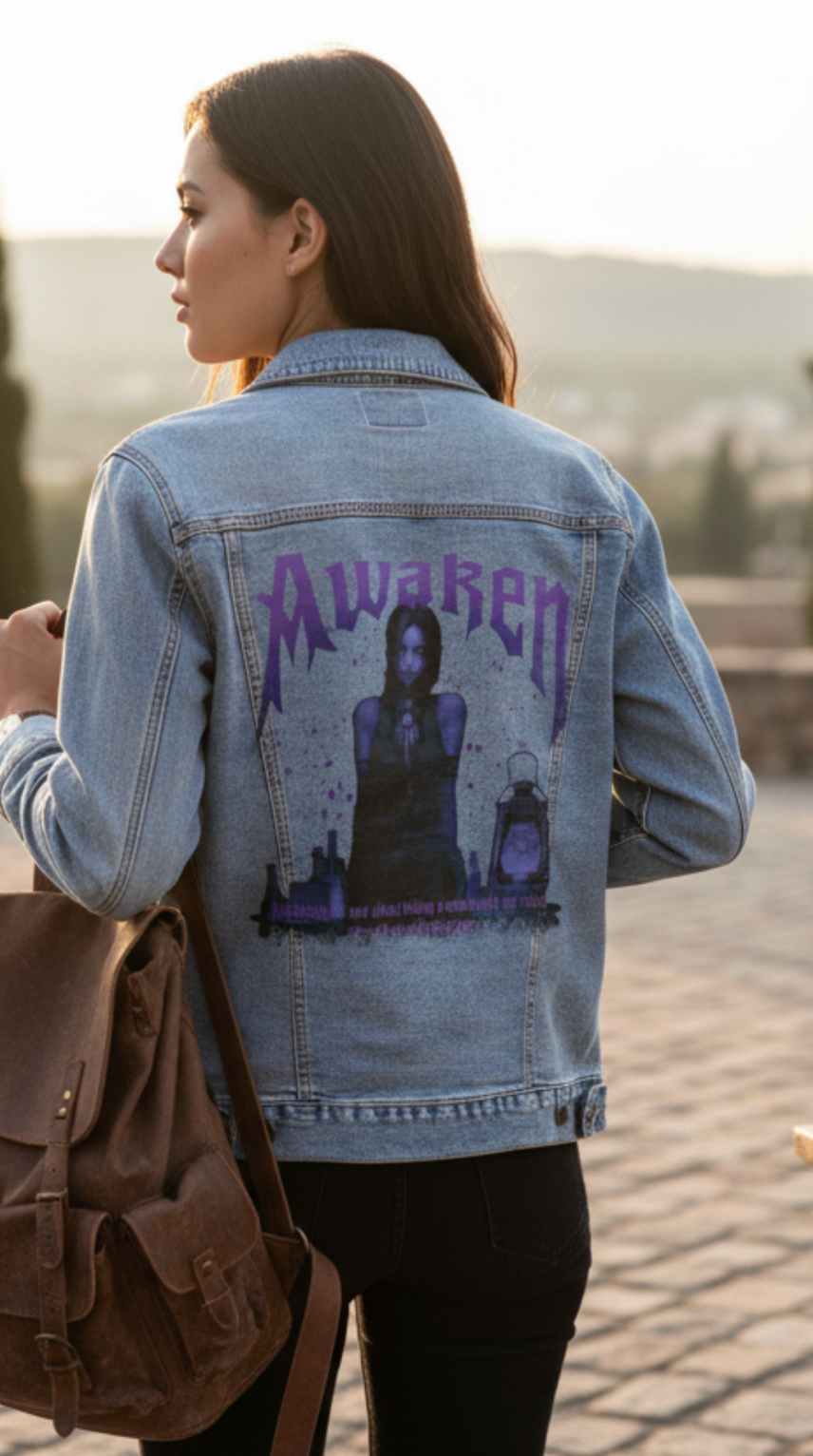 AWAKEN by DeROUCHE DESIGNS, digitally printed on DENIM products: throw pillows, aprons, table place mats, and hand-made Unisex Denim Jackets in 3 color choices