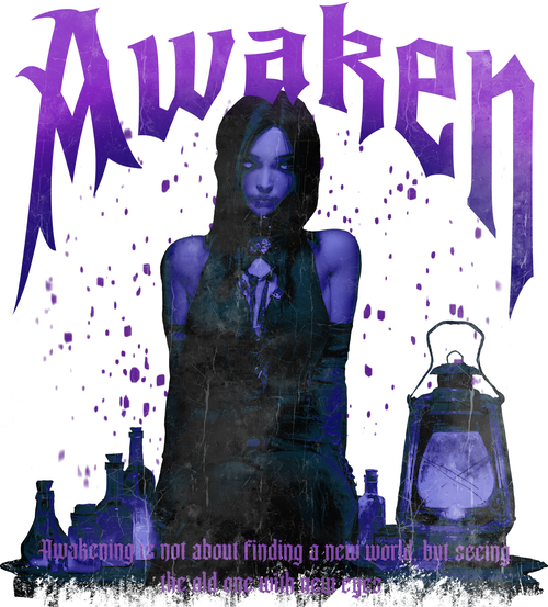 AWAKEN by DeROUCHE DESIGNS, digitally printed on DENIM products: throw pillows, aprons, table place mats, and hand-made Unisex Denim Jackets in 3 color choices