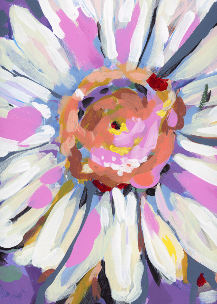 illustration of A close-up daisy-like flower painted in expressive brushstrokes, with long white petals radiating outward from a layered center of pink, peach, yellow, and brown. the center shows thick, overlapping strokes with visible texture, surrounded by scattered dark seed shapes. the background blends lavender, blue, and muted green tones, with paint marks visible throughout. This artwork is titled “April Birth Flower” and created by Paige Flotterud