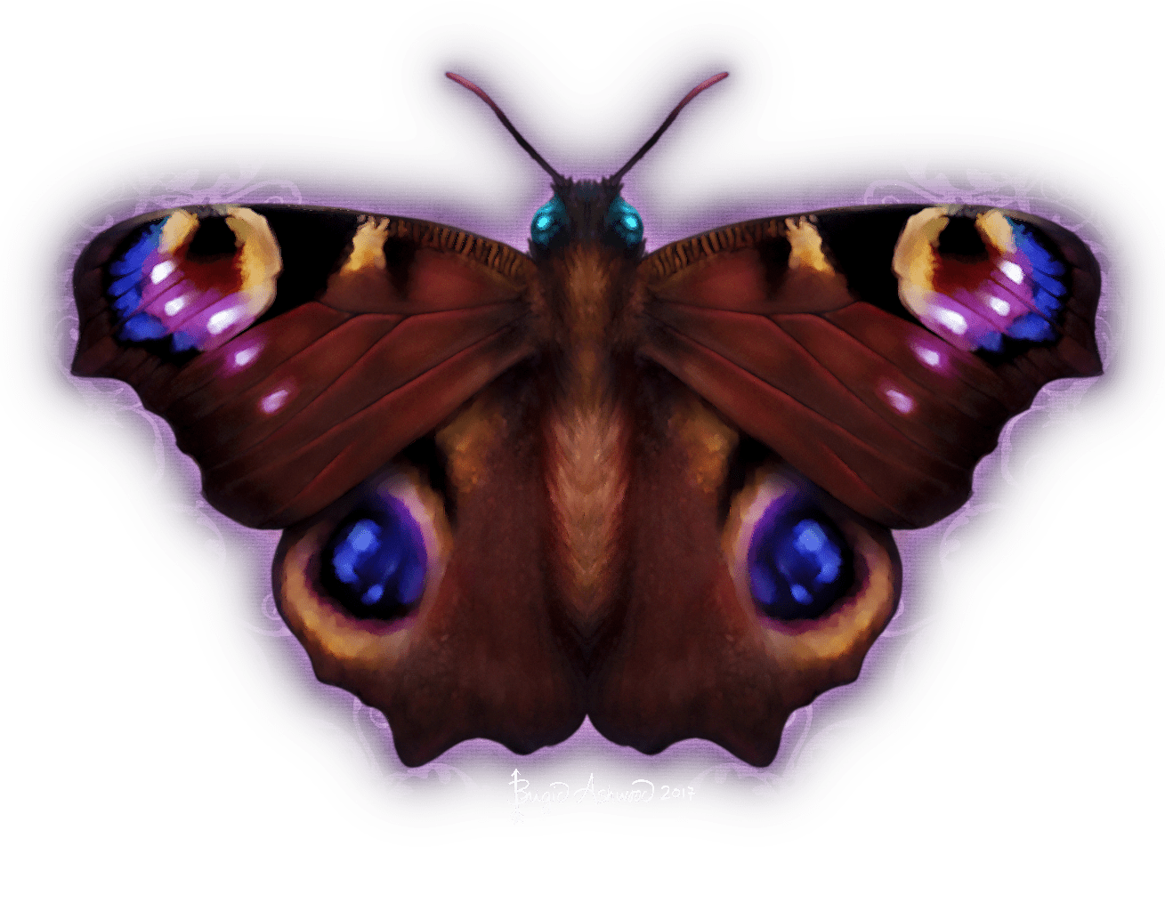 illustration of a richly colored symmetrical dark butterfly with wide outstretched wings rendered in deep burgundy, chocolate brown, and smoky violet tones. large iridescent blue and purple eyespots sit near the lower wings, with smaller multicolored markings near the upper edges. a soft lavender glow surrounds the wings against a white background, and the butterfly’s body is centered with fine antennae extending upward. this artwork is titled “Ashwood Damask Butterfly” and created by Brigid Ashwood