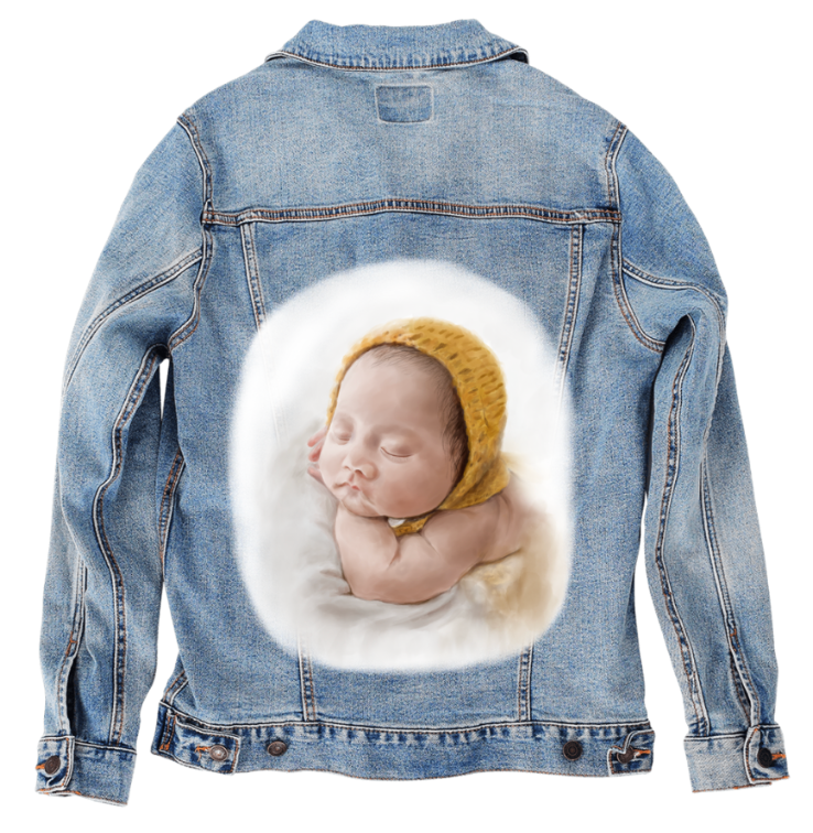 BABY YELLOW HAT by RAMIR DESIGNS, digitally printed on DENIM products: throw pillows, aprons, table place mats, and hand-made Unisex Denim Jackets in 3 color choices