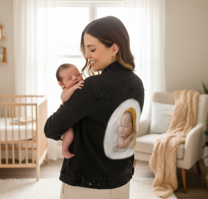 BABY YELLOW HAT by RAMIR DESIGNS, digitally printed on DENIM products: throw pillows, aprons, table place mats, and hand-made Unisex Denim Jackets in 3 color choices