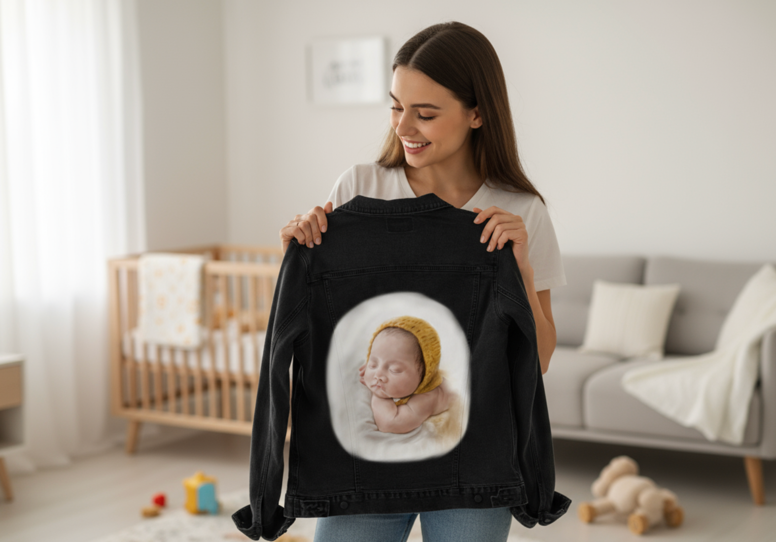 BABY YELLOW HAT by RAMIR DESIGNS, digitally printed on DENIM products: throw pillows, aprons, table place mats, and hand-made Unisex Denim Jackets in 3 color choices