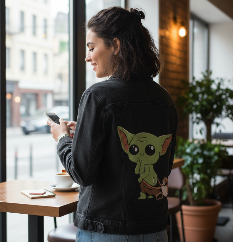 BABY YODA and PORG by PEPE RODRIGUEZ aka PPMID, digitally printed on DENIM products: throw pillows, aprons, table place mats, and hand-made Unisex Denim Jackets in 3 color choices