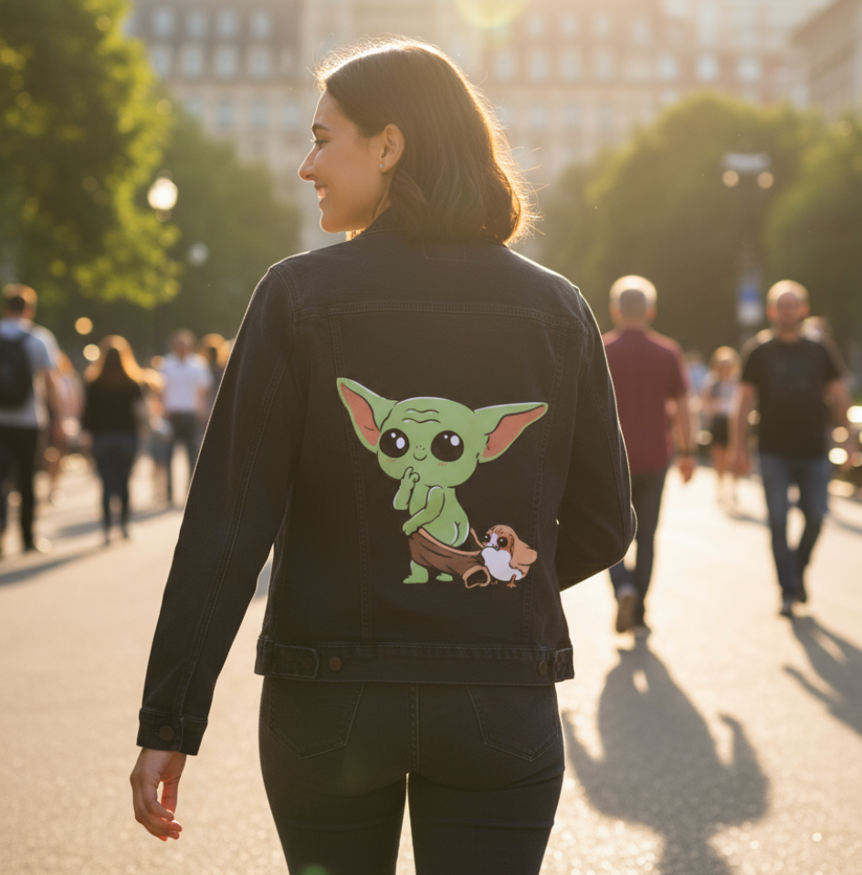 BABY YODA and PORG by PEPE RODRIGUEZ aka PPMID, digitally printed on DENIM products: throw pillows, aprons, table place mats, and hand-made Unisex Denim Jackets in 3 color choices