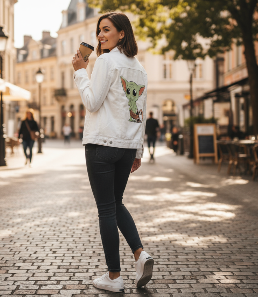 BABY YODA and PORG by PEPE RODRIGUEZ aka PPMID, digitally printed on DENIM products: throw pillows, aprons, table place mats, and hand-made Unisex Denim Jackets in 3 color choices