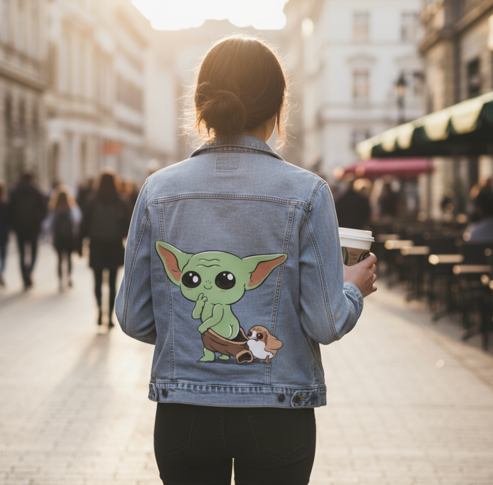 BABY YODA and PORG by PEPE RODRIGUEZ aka PPMID, digitally printed on DENIM products: throw pillows, aprons, table place mats, and hand-made Unisex Denim Jackets in 3 color choices