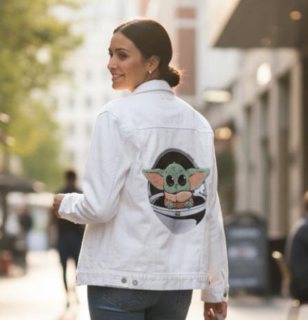 BABY YODA and PORG by PEPE RODRIGUEZ aka PPMID, digitally printed on DENIM products: throw pillows, aprons, table place mats, and hand-made Unisex Denim Jackets in 3 color choices