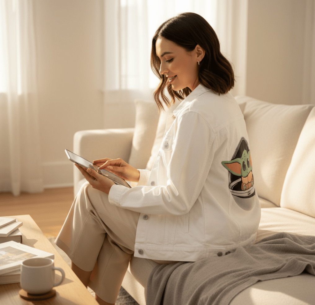 BABY YODA by PEPE RODRIGUEZ aka PPMID, digitally printed on DENIM products: throw pillows, aprons, table place mats, and hand-made Unisex Denim Jackets in 3 color choices BABY YODA by PEPE RODRIGUEZ aka PPMID, digitally printed on DENIM products: throw pillows, aprons, table place mats, and hand-made Unisex Denim Jackets in 3 color choices