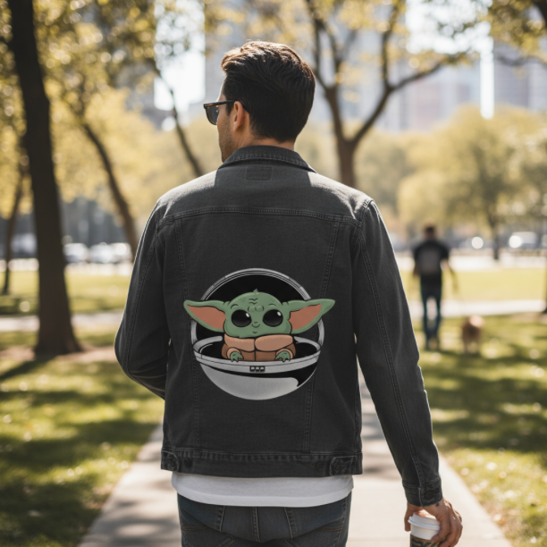 BABY YODA by PEPE RODRIGUEZ aka PPMID, digitally printed on DENIM products: throw pillows, aprons, table place mats, and hand-made Unisex Denim Jackets in 3 color choices