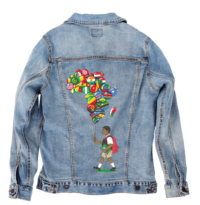 BALLOON BOY, by THE NYGERIANS, digitally printed on DENIM products: throw pillows, aprons, table place mats, and hand-made Unisex Denim Jackets in 3 color choices