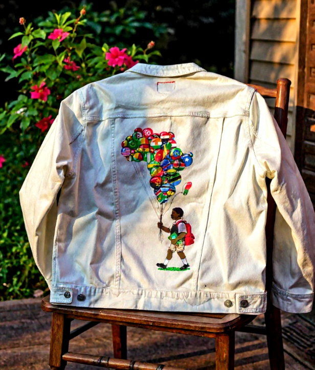 BALLOON BOY, by THE NYGERIANS, digitally printed on DENIM products: throw pillows, aprons, table place mats, and hand-made Unisex Denim Jackets in 3 color choices