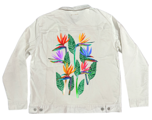 BIRD OF PARADISE1 by HEND SHEHATA, digitally printed on DENIM products: throw pillows, aprons, table place mats, and hand-made Unisex Denim Jackets in 3 color choices