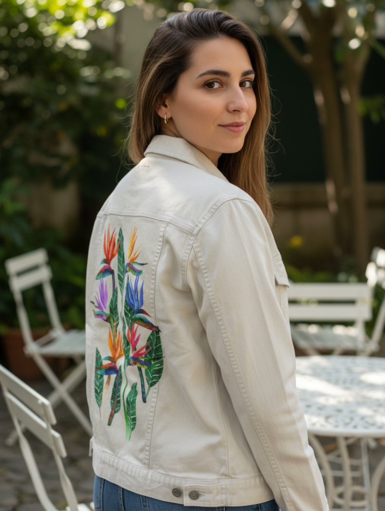 BIRD OF PARADISE1 by HEND SHEHATA, digitally printed on DENIM products: throw pillows, aprons, table place mats, and hand-made Unisex Denim Jackets in 3 color choices