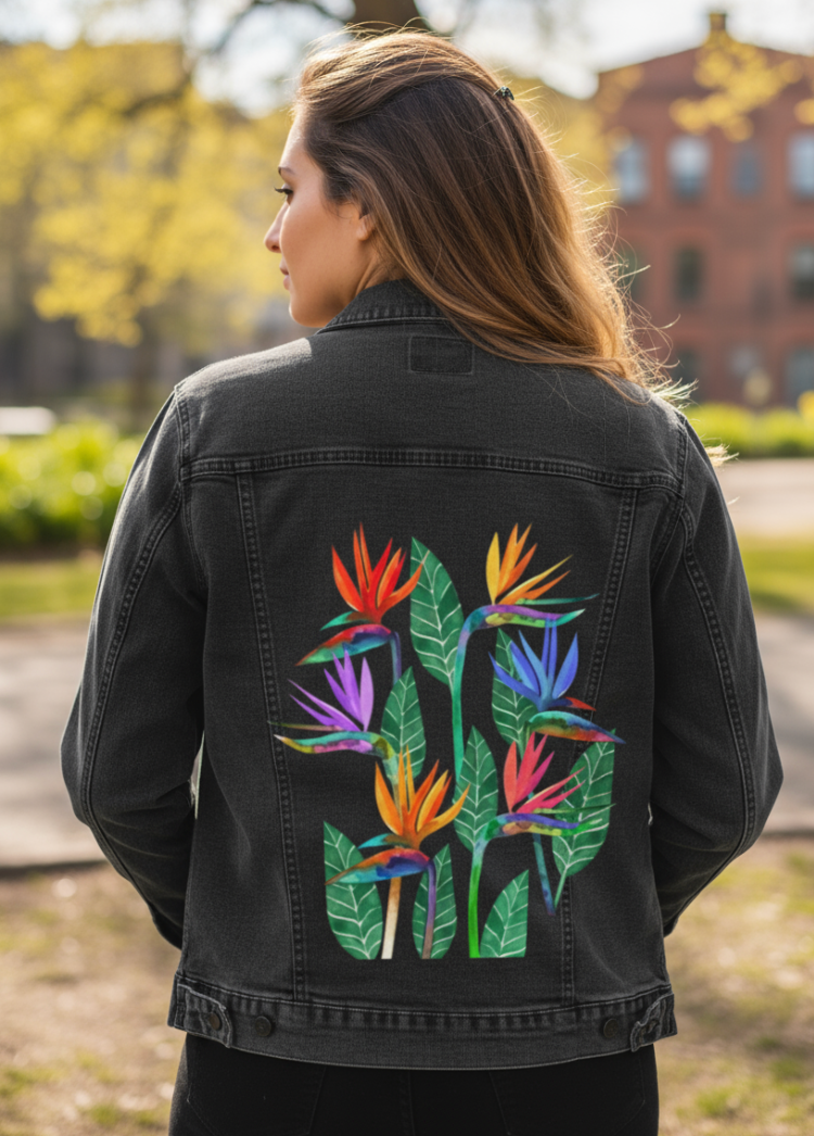 BIRD OF PARADISE1 by HEND SHEHATA, digitally printed on DENIM products: throw pillows, aprons, table place mats, and hand-made Unisex Denim Jackets in 3 color choices