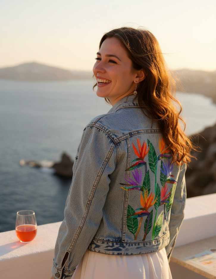 BIRD OF PARADISE1 by HEND SHEHATA, digitally printed on DENIM products: throw pillows, aprons, table place mats, and hand-made Unisex Denim Jackets in 3 color choices