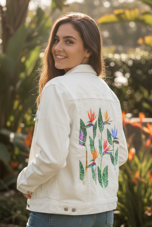 BIRD OF PARADISE2 by HEND SHEHATA, printed on a hand-made Unisex Denim Jacket