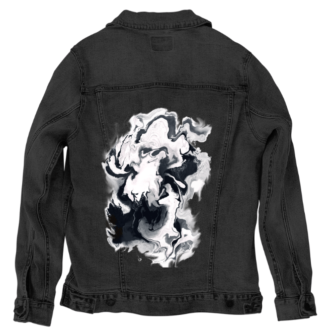 BLACK and WHITE WAVES by RAMIR DESIGNS, digitally printed on DENIM products: throw pillows, aprons, table place mats, and hand - made Unisex Denim Jackets in 3 color choices custom denim jacket by DenimINK