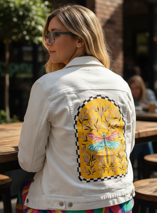 BLOOM AND FLUTTER DRAGONFLY by IndySign, digitally printed on DENIM products: throw pillows, aprons, table place mats, and hand-made Unisex Denim Jackets in 3 color choices