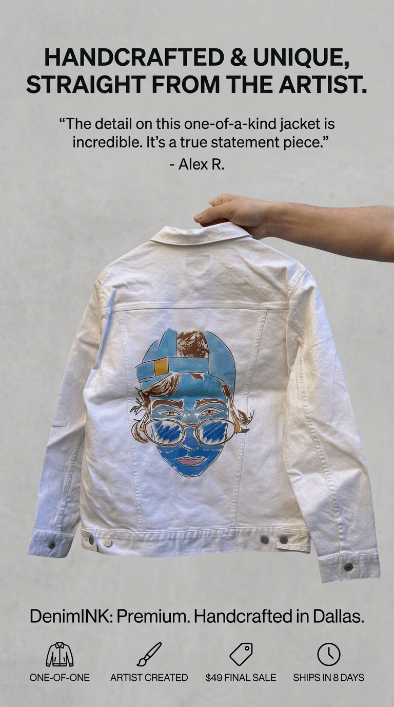 AS - IS. 1. Illustrated Face. ONE - OF - ONE. Printed Denim Jacket — Medium / White custom denim jacket by DenimINK