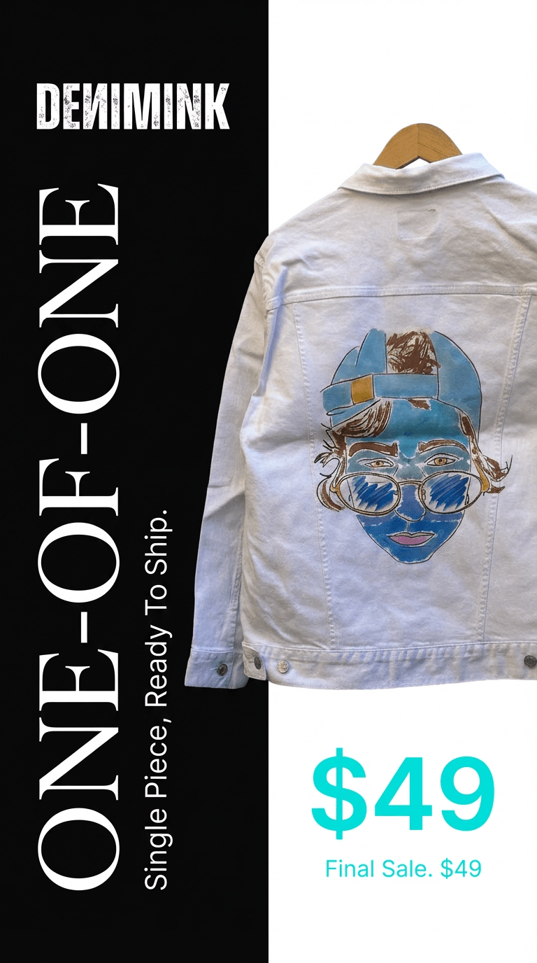 AS - IS. 1. Illustrated Face. ONE - OF - ONE. Printed Denim Jacket — Medium / White custom denim jacket by DenimINK