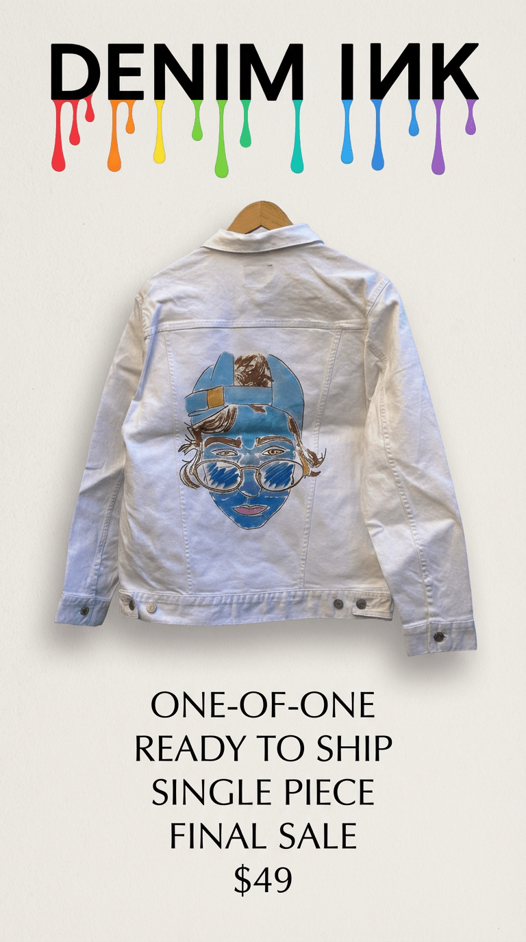 AS - IS. 1. Illustrated Face. ONE - OF - ONE. Printed Denim Jacket — Medium / White custom denim jacket by DenimINK