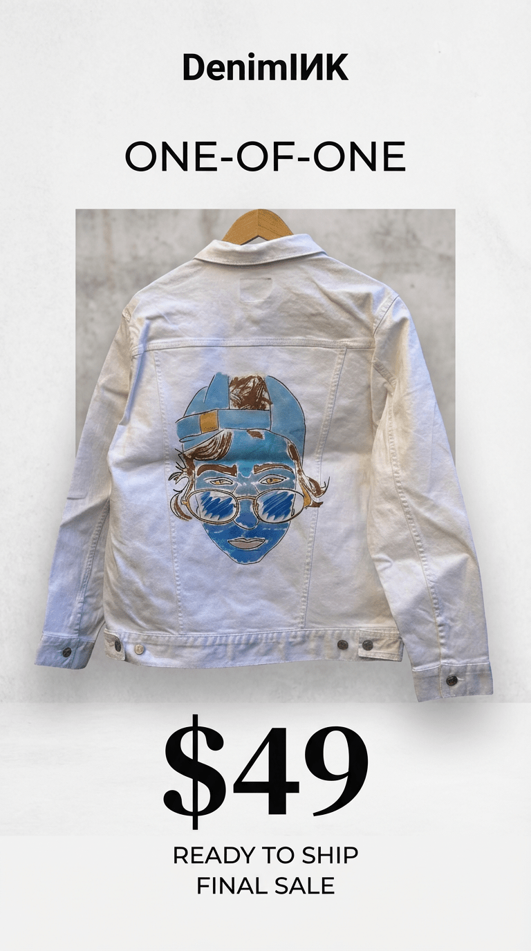 AS - IS. 1. Illustrated Face. ONE - OF - ONE. Printed Denim Jacket — Medium / White custom denim jacket by DenimINK