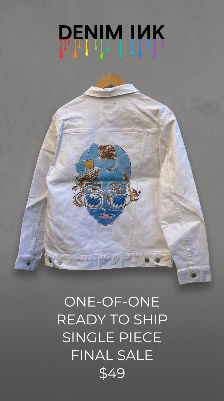 AS - IS. 1. Illustrated Face. ONE - OF - ONE. Printed Denim Jacket — Medium / White custom denim jacket by DenimINK