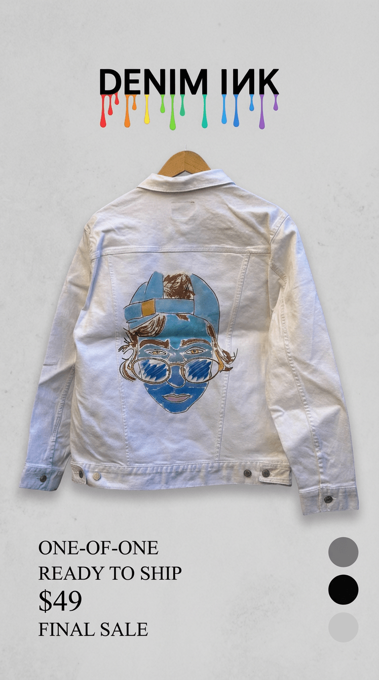 AS - IS. 1. Illustrated Face. ONE - OF - ONE. Printed Denim Jacket — Medium / White custom denim jacket by DenimINK