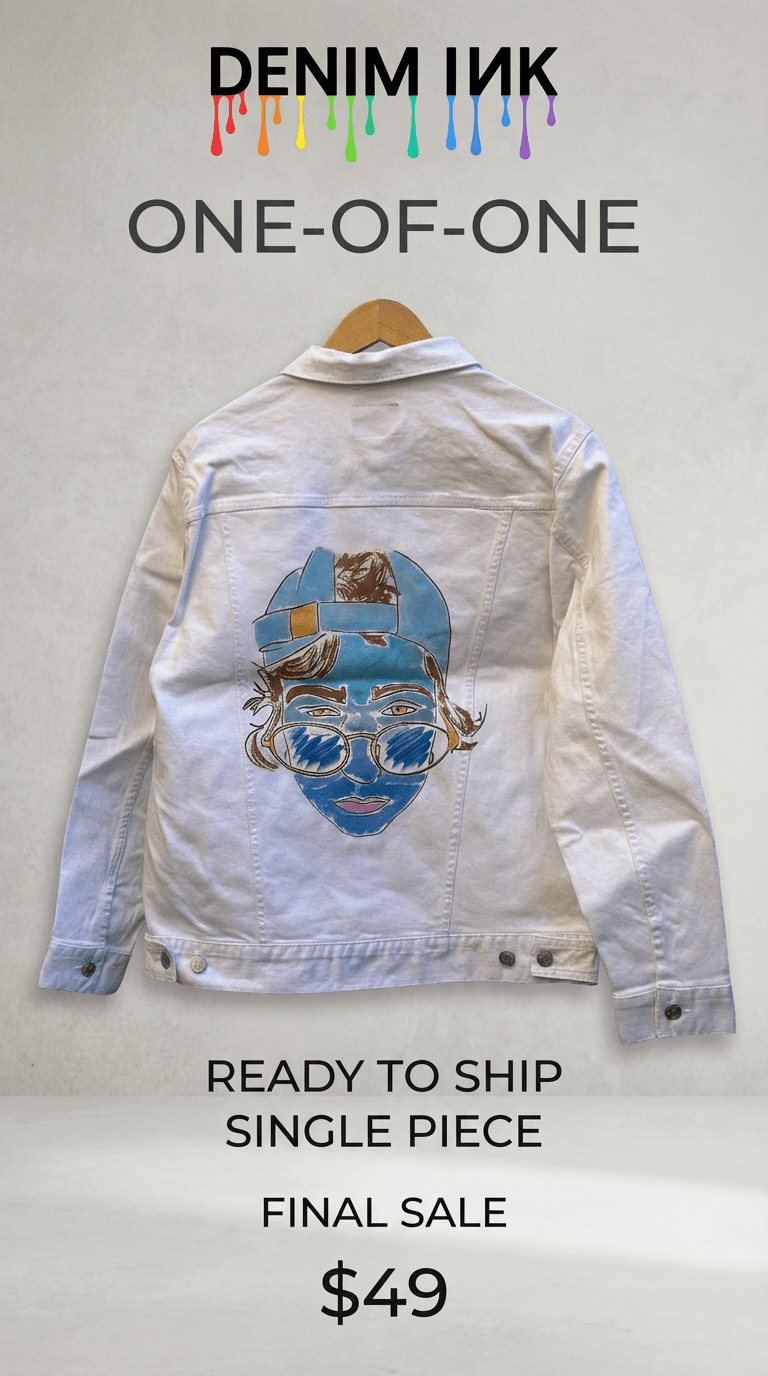 AS - IS. 1. Illustrated Face. ONE - OF - ONE. Printed Denim Jacket — Medium / White custom denim jacket by DenimINK