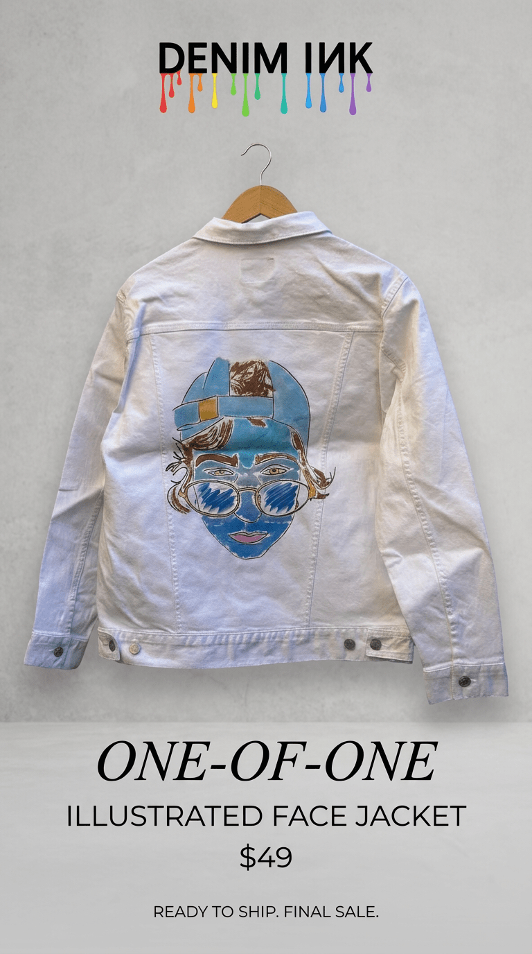 AS - IS. 1. Illustrated Face. ONE - OF - ONE. Printed Denim Jacket — Medium / White custom denim jacket by DenimINK