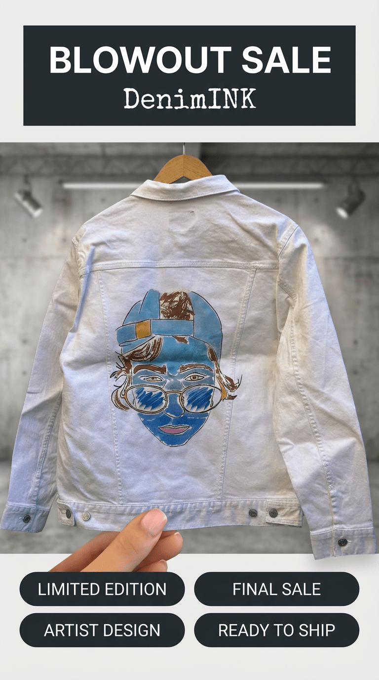 AS - IS. 1. Illustrated Face. ONE - OF - ONE. Printed Denim Jacket — Medium / White custom denim jacket by DenimINK