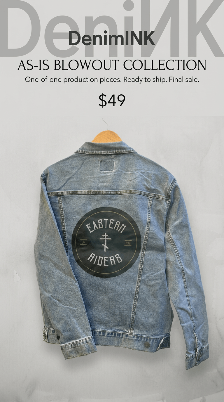 AS - IS. 10. Eastern Riders. ONE - OF - ONE. Printed Denim Jacket — Large / Stonewashed custom denim jacket by DenimINK