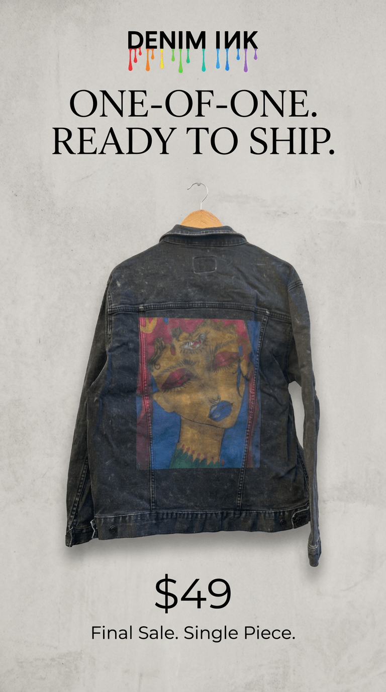 AS - IS. 11. Painted Portrait. ONE - OF - ONE. Printed Denim Jacket — XL / Black custom denim jacket by DenimINK