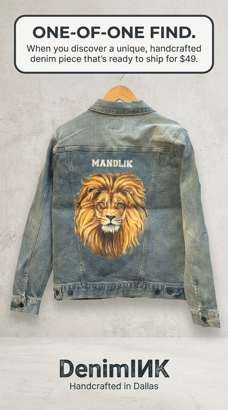 AS - IS. 3. Lion Portrait. ONE - OF - ONE. Printed Denim Jacket — Medium / Stonewashed custom denim jacket by DenimINK