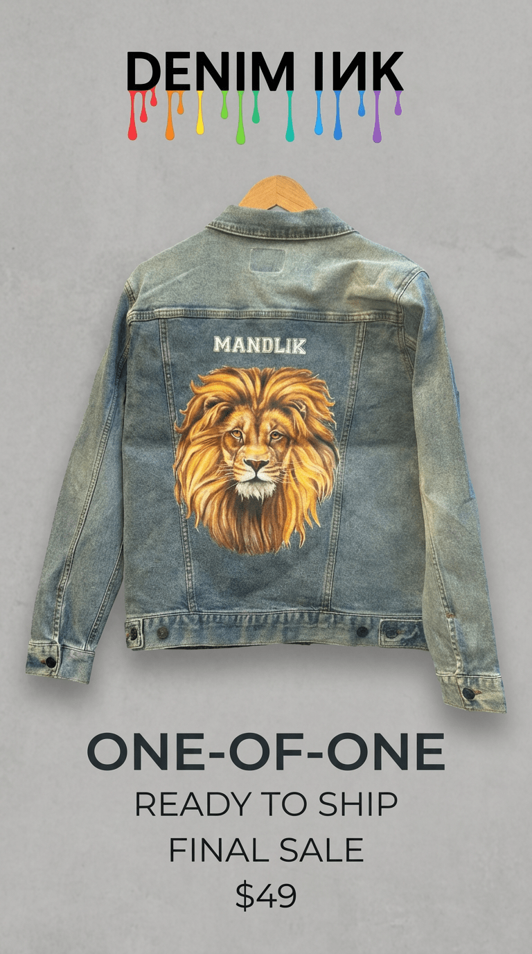 AS - IS. 3. Lion Portrait. ONE - OF - ONE. Printed Denim Jacket — Medium / Stonewashed custom denim jacket by DenimINK