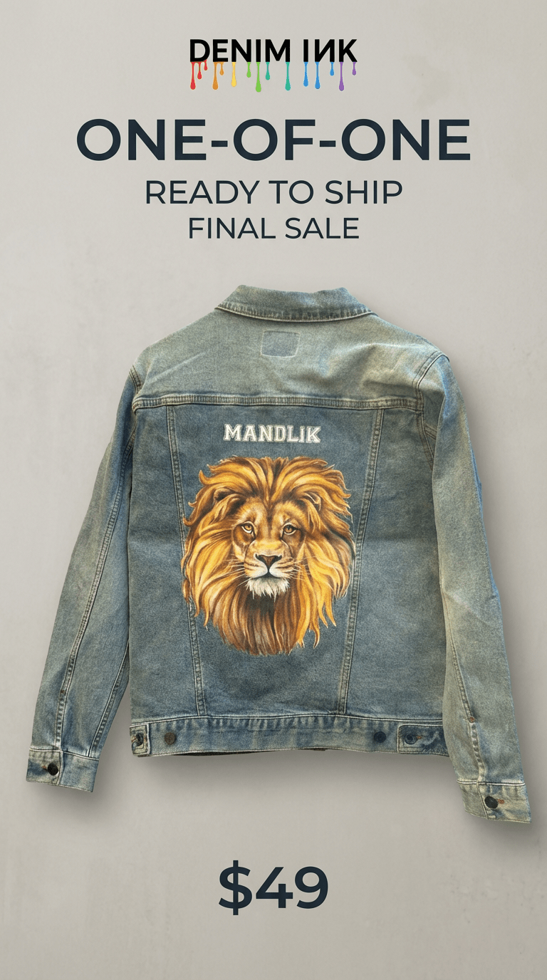 AS - IS. 3. Lion Portrait. ONE - OF - ONE. Printed Denim Jacket — Medium / Stonewashed custom denim jacket by DenimINK