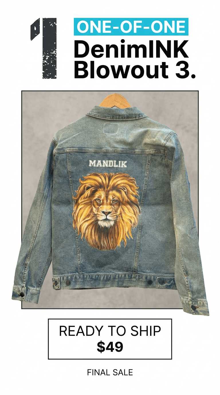 AS - IS. 3. Lion Portrait. ONE - OF - ONE. Printed Denim Jacket — Medium / Stonewashed custom denim jacket by DenimINK