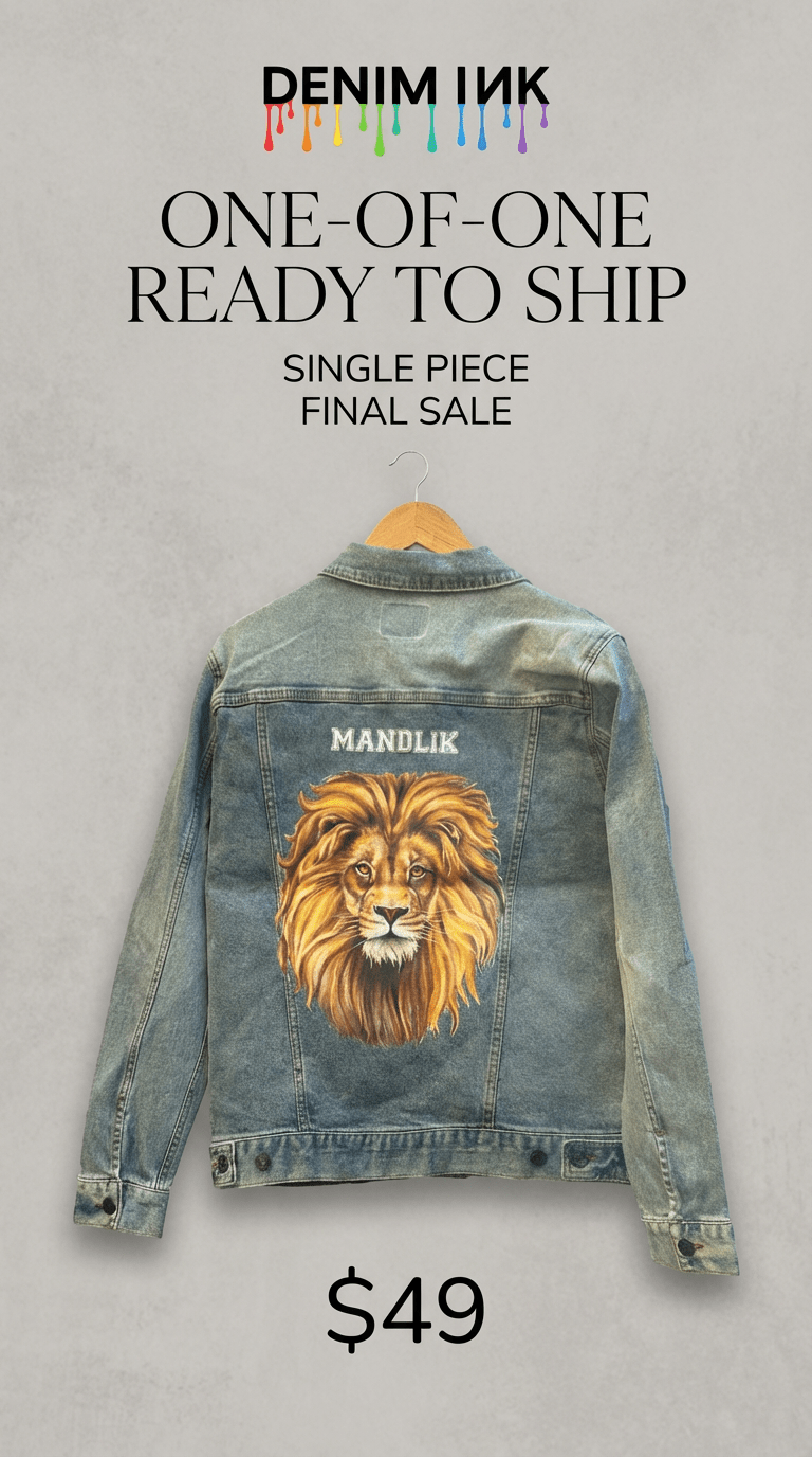 AS - IS. 3. Lion Portrait. ONE - OF - ONE. Printed Denim Jacket — Medium / Stonewashed custom denim jacket by DenimINK