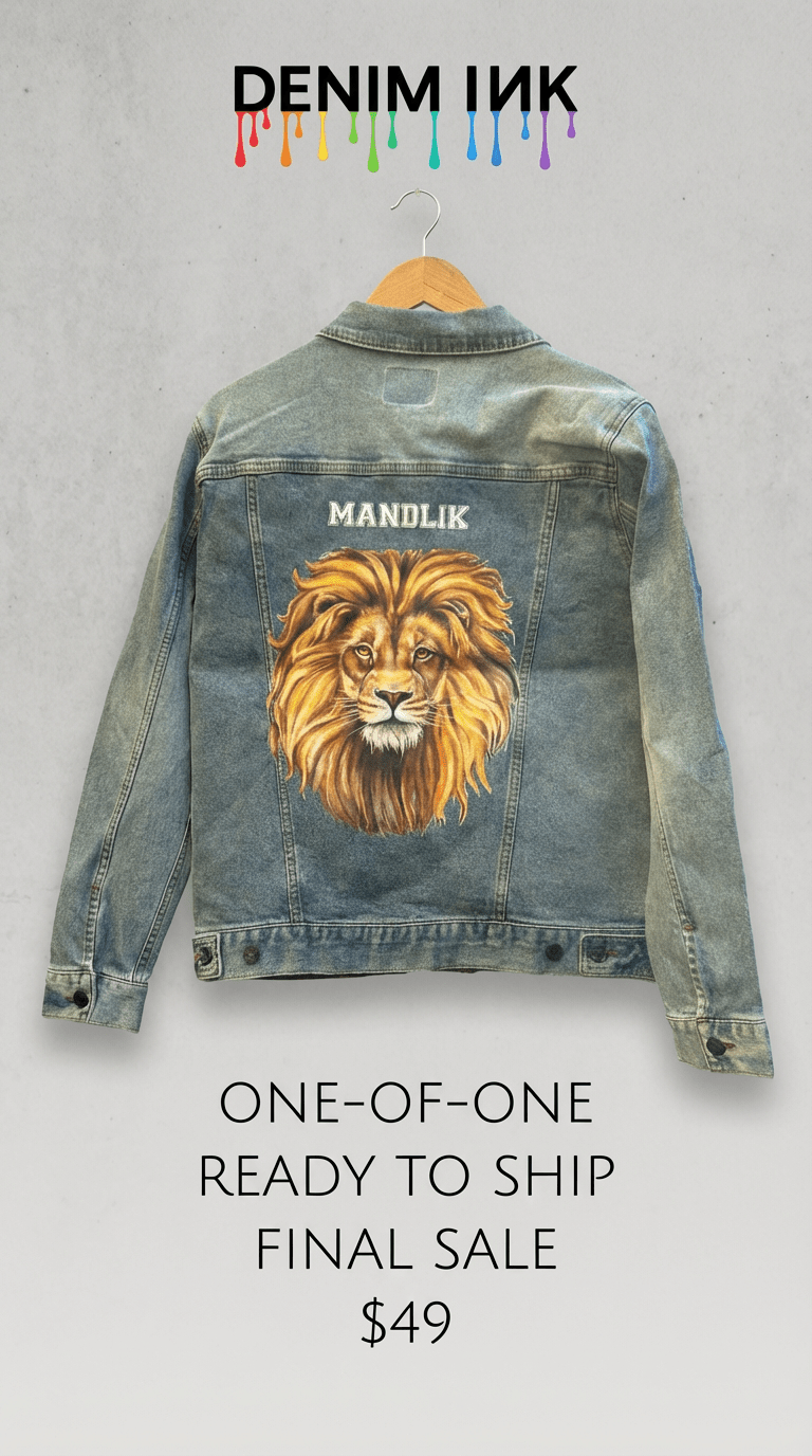 AS - IS. 3. Lion Portrait. ONE - OF - ONE. Printed Denim Jacket — Medium / Stonewashed custom denim jacket by DenimINK