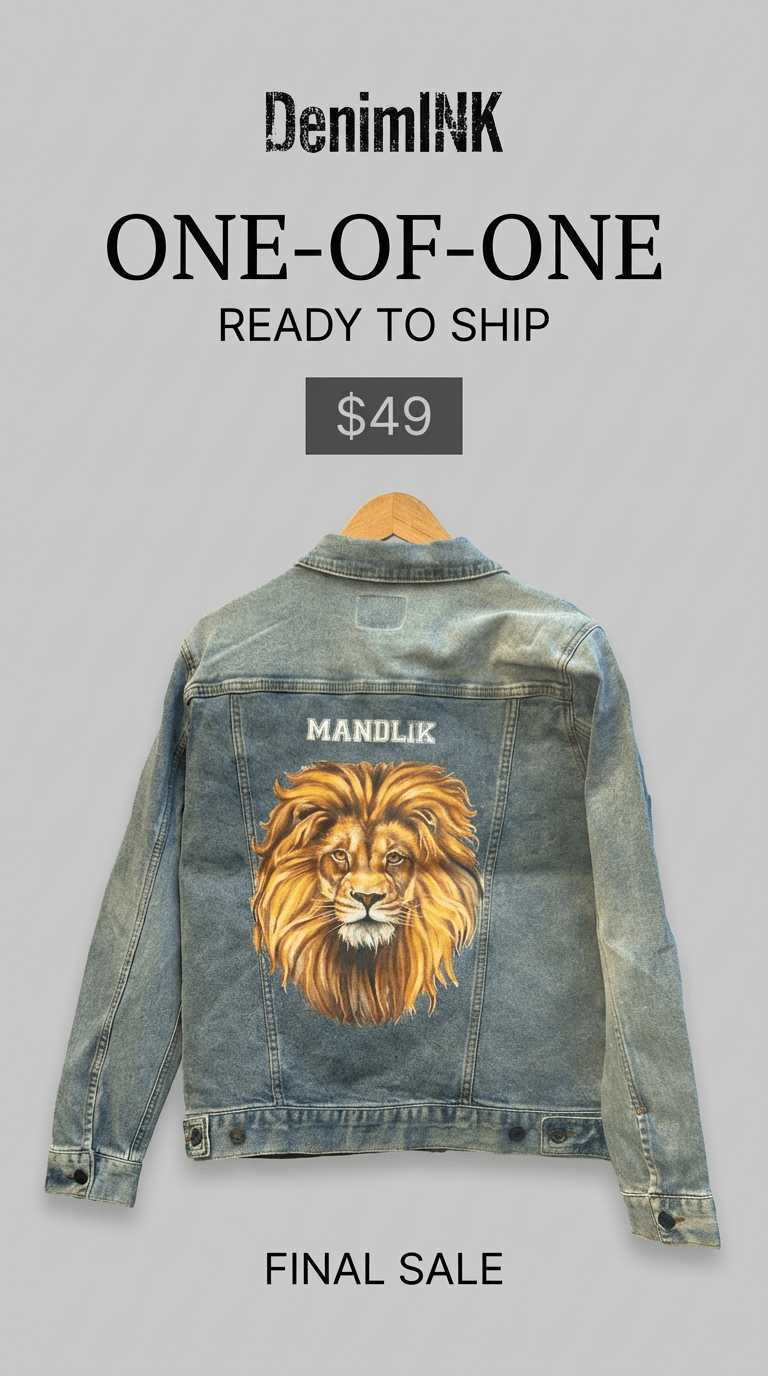 AS - IS. 3. Lion Portrait. ONE - OF - ONE. Printed Denim Jacket — Medium / Stonewashed custom denim jacket by DenimINK