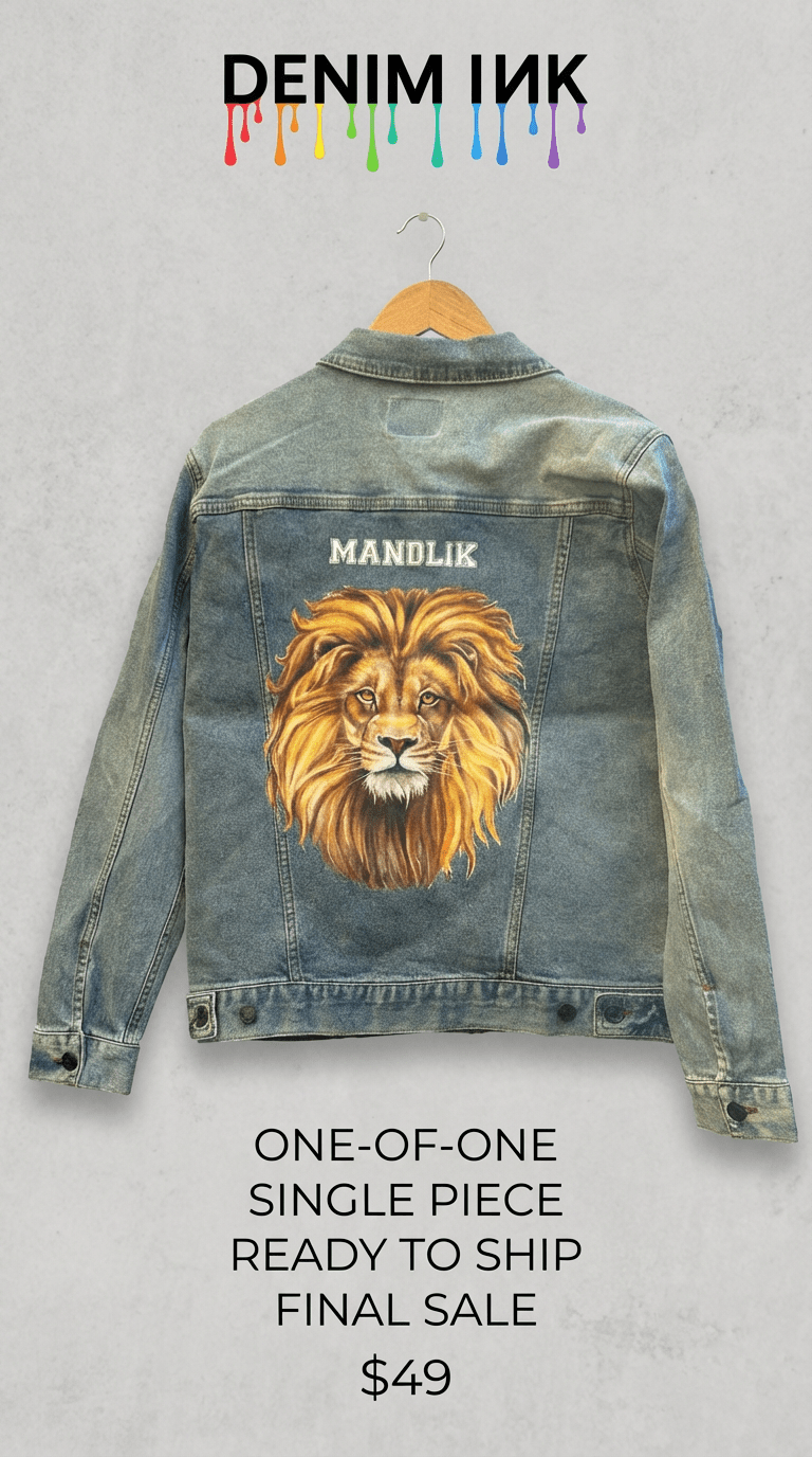 AS - IS. 3. Lion Portrait. ONE - OF - ONE. Printed Denim Jacket — Medium / Stonewashed custom denim jacket by DenimINK
