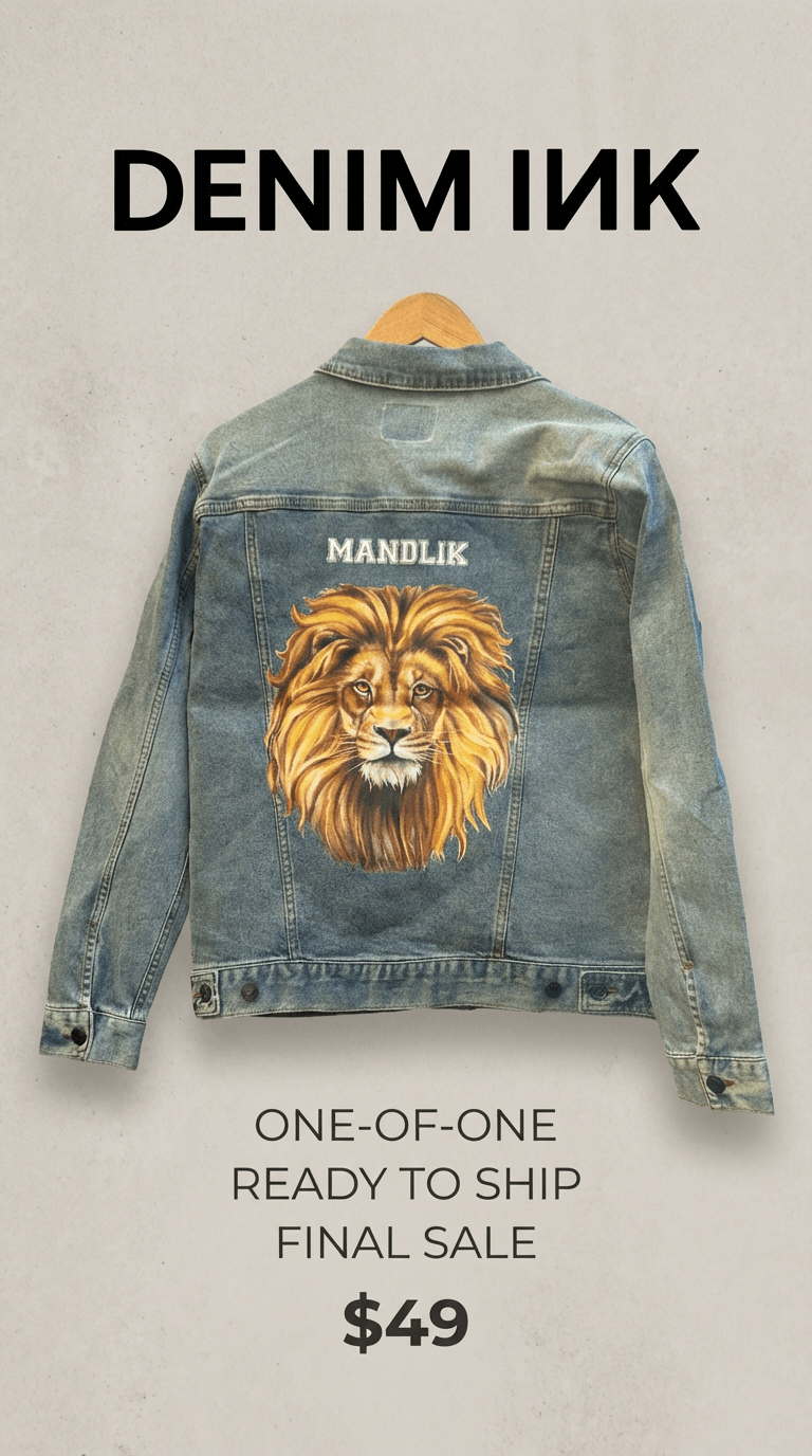 AS - IS. 3. Lion Portrait. ONE - OF - ONE. Printed Denim Jacket — Medium / Stonewashed custom denim jacket by DenimINK