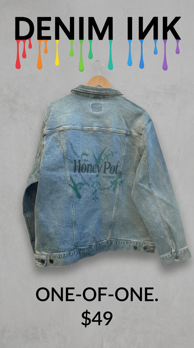 AS - IS. 5. "Honey Pot." ONE - OF - ONE. Printed Denim Jacket — 2XL / Stonewashed custom denim jacket by DenimINK