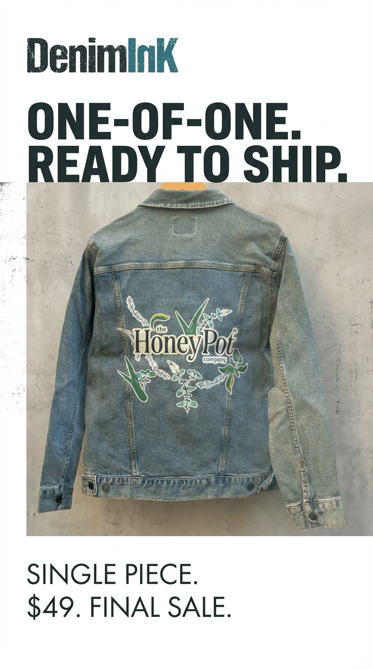 AS - IS. 5. "Honey Pot." ONE - OF - ONE. Printed Denim Jacket — 2XL / Stonewashed custom denim jacket by DenimINK